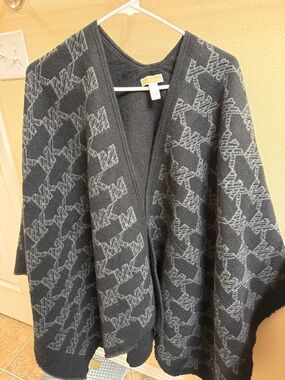 Michael Kors Black/Gray Knit Open Poncho with MK Pattern